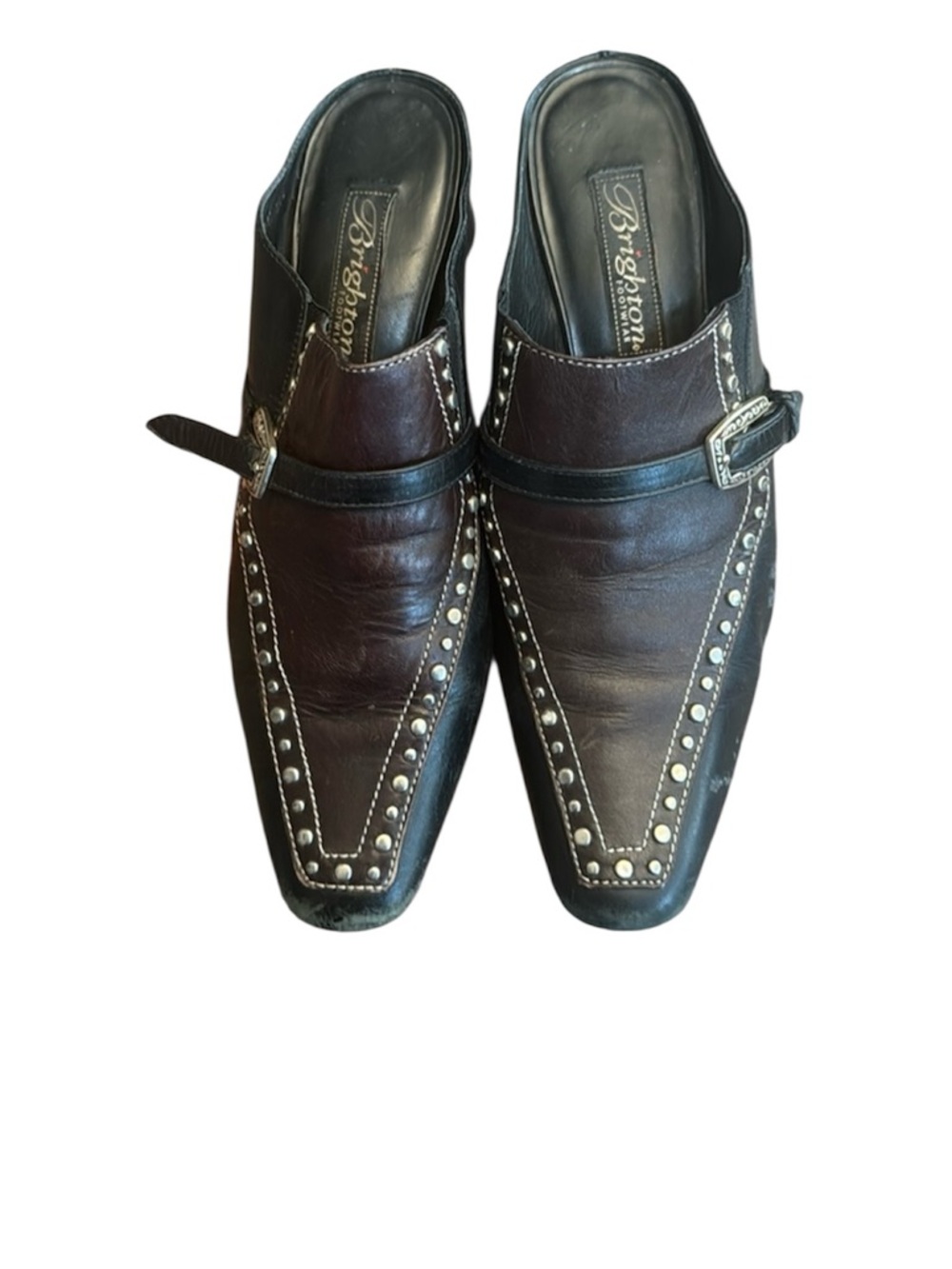 Vintage Brighton Tempe Black/Chocolate Heeled Mule Slides sz 6 Stud Buckle
